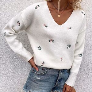 New White V Neck Embroidered Ribbed Knit Pullover Sweater